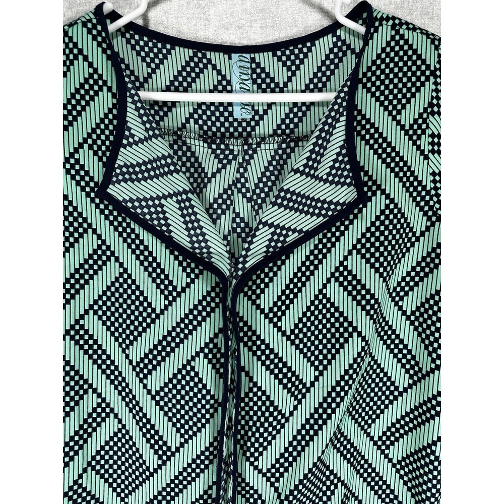 Dina Be Navy & Green Blouse Geometric Print Tab Roll Cuff Women’s Size Small USA